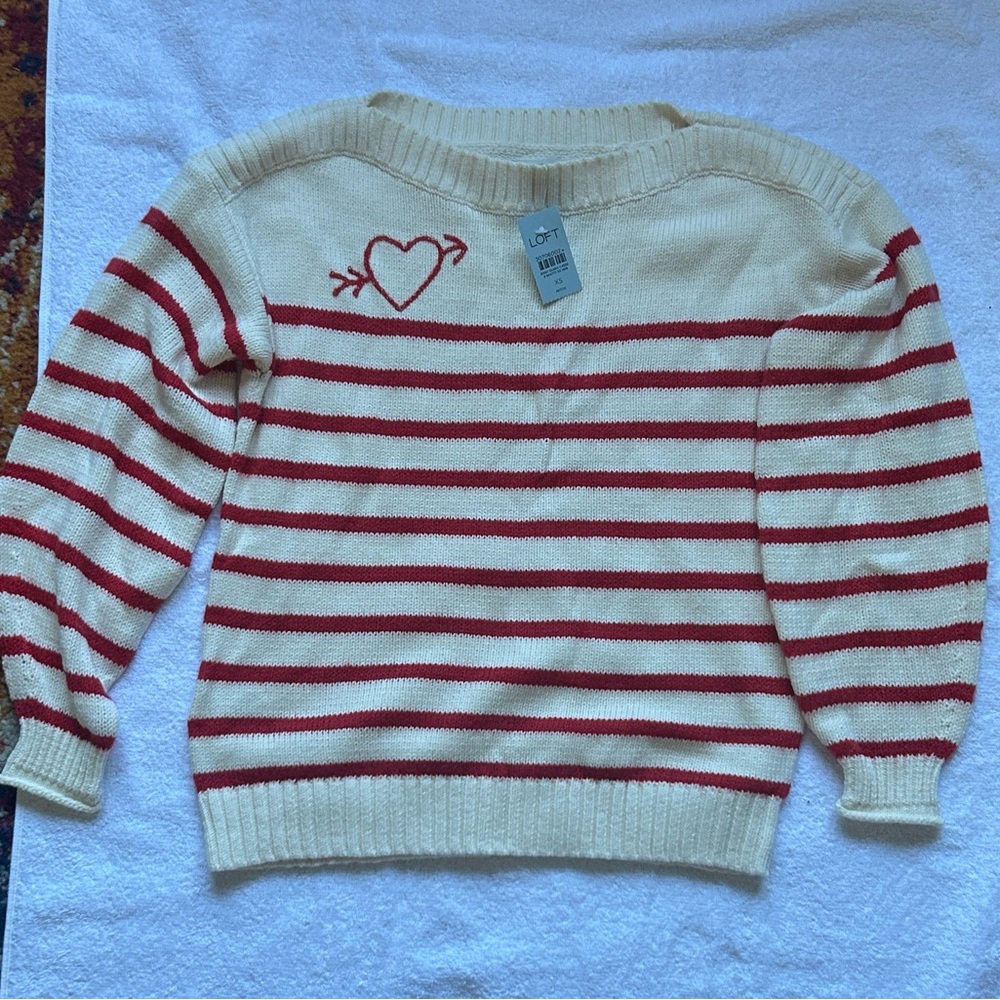 LOFT Cream and Red Striped Heart Sweater